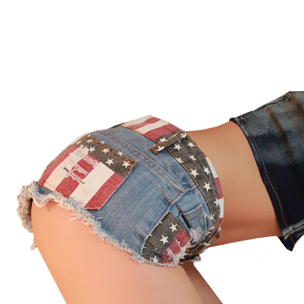 Women Shorts Jeans Summer Mini Shorts Sexy USA Flag Print Hole Destroyed Booty Denim Short Feminino mujer Plus Size Shorts