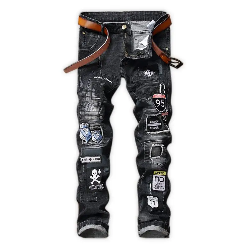 

Men's Locomotive Jeans Embroidery Trousers Male Ripped Denim Pants