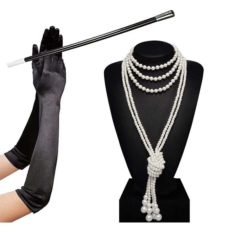 Набор аксессуаров Great Gatsby 1920s длинное жемчужное ожерелье перчатки портсигар