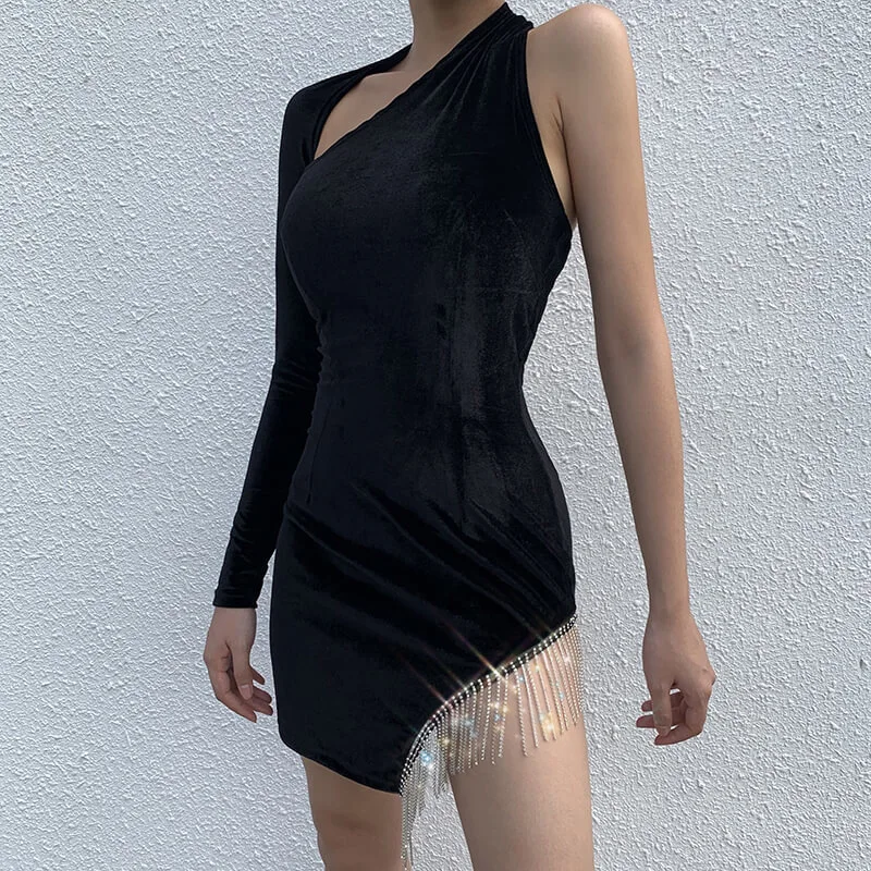 VI693Black Женское сексуальное бархатное платье на одно плечо с длинным рукавом и открытой спиной, пляжные вечерние платья знаменитостей для дня рождения размера плюс - Цвет: VI693Black
