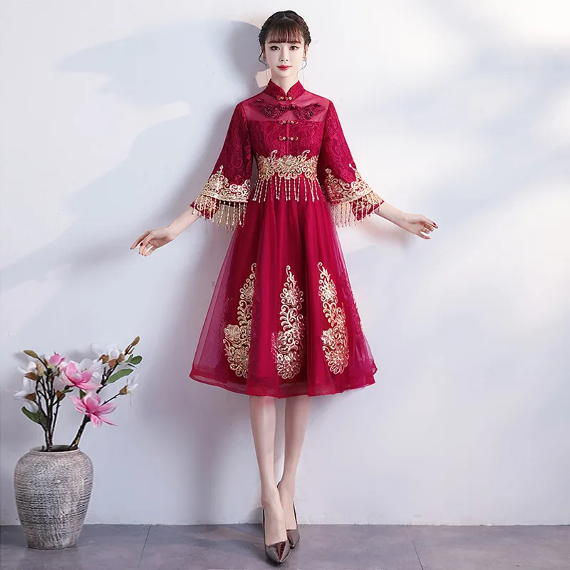 Chinese Covered Belly Wine Red Cheongsam Wedding Dress Polyester Lace Tassel Design High Waist Dress For Pregnant Woman ZL638