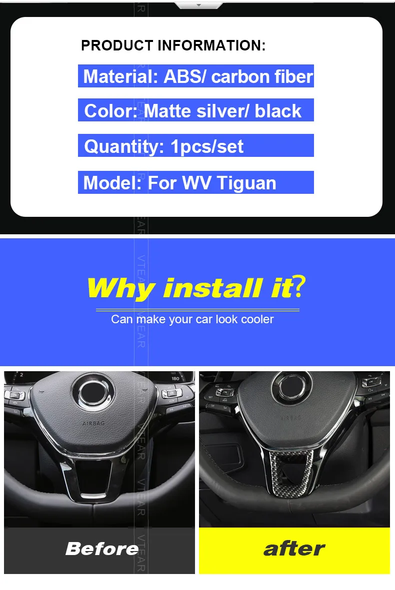 Vtear For vw tiguan Carbon fiber Car steering wheel trim Sticker cover Interior Mouldings Accessories Car Styling