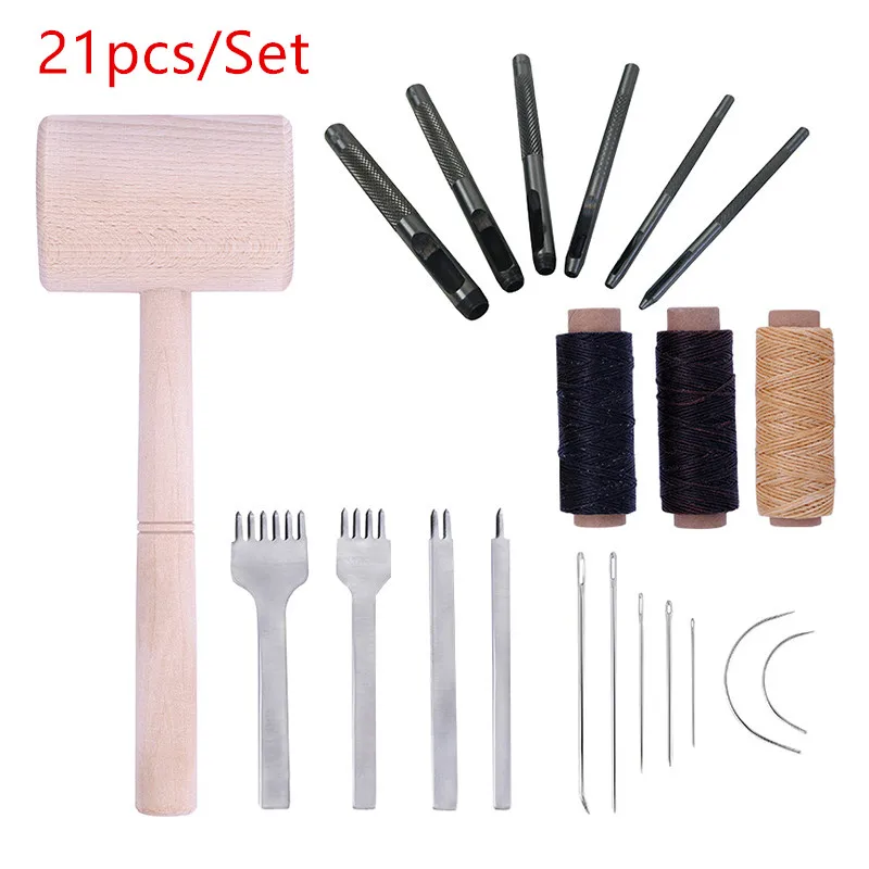 F 21pcs Set Набор инструментов для шитья кожи, набор инструментов для рукоделия, инструменты для рукоделия, ручная строчка, инструмент для шитья, нитевой Шило, наперсток, набор - Цвет: F 21pcs Set