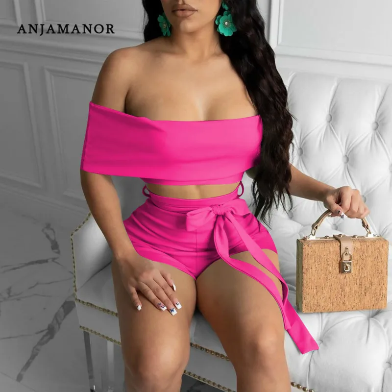 ANJAMANOR сексуальный укороченный топ с открытыми плечами шорты комплект из двух