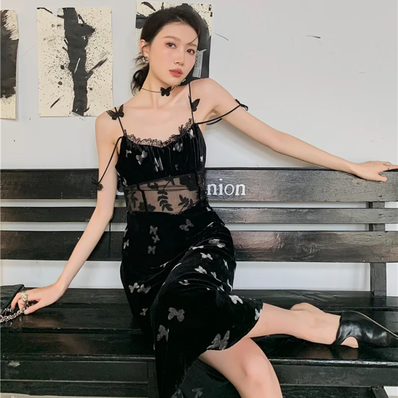 

Kimotimo Black Bow Velvet Patchwork Dress Women French Retro Print Sexy Lace Show Waist Mid-length A Line Dresses 2021 Summer