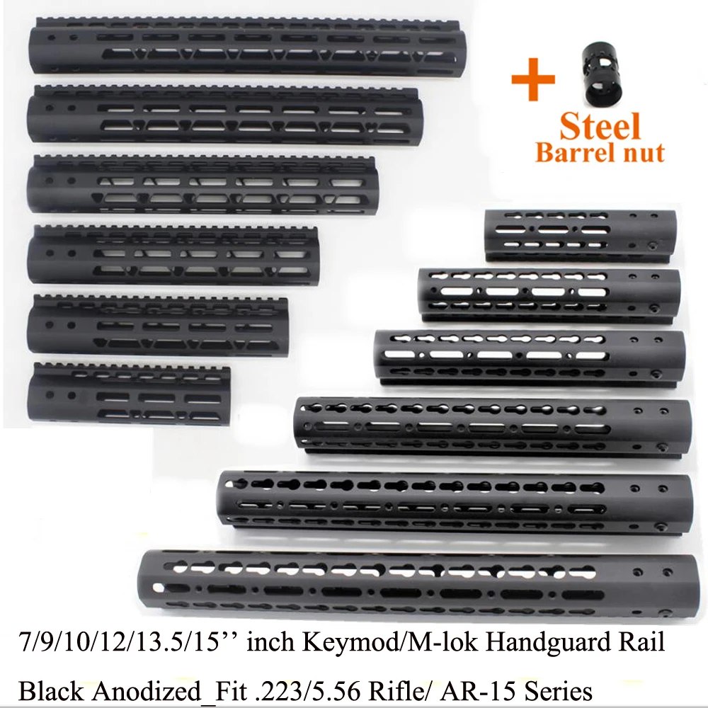 

TriRock Black 7/9/10/12/13.5/15 inch Keymod/M-lok Handguard Rail Fit .223/5.56/AR-15 Free Float Mount System + Steel Barrel Nut