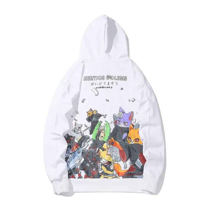 Men Hip Hop Hoodie Sweatshirt Anime Cat Japanese Cartoon Streetwear Harajuku Hoodies Pullover Loose Autumn Black Sweat Shirts | Мужская