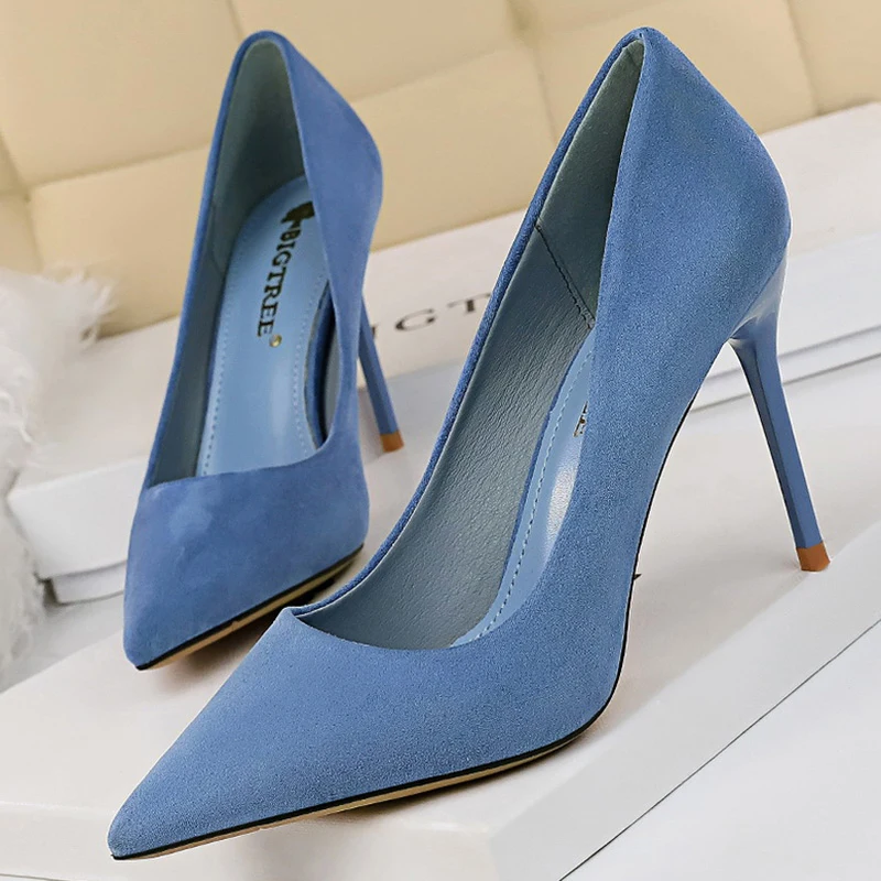 

2022 Women 9cm Stripper High Heels Pumps Escarpins Plus Size 43 Lady Blue Yellow Green Heels Scarpins Designer Suede Prom Shoes