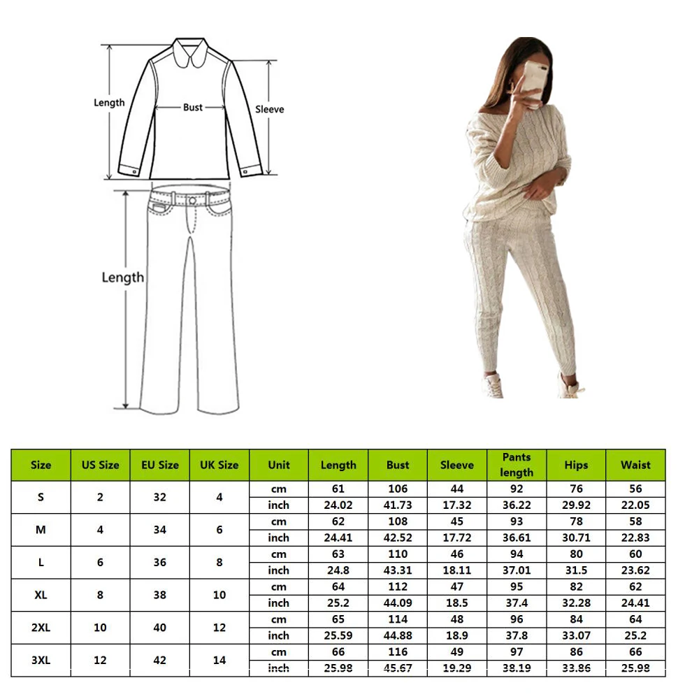 

2Pcs Winter Solid Color Shoulder Sweater Pants Women Knitted Pajamas Set