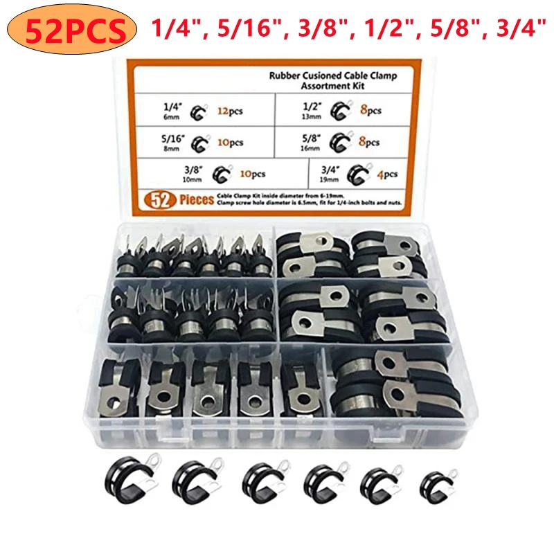 

Cable Clamp 52Pcs/set 1/4"5/16" 3/8"1/2"5/8"3/4" Rubber Cushion Insulated Clamp.Stainless Steel Metal Clamp Assortment Kit