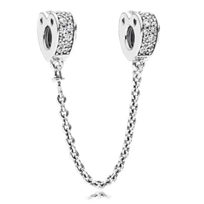 

Silver Color Sparkling Zircon Safety Chain Dangle Beads Fit Original Pandora Charms Bracelet DIY Pendant Fashion Women Jewelry