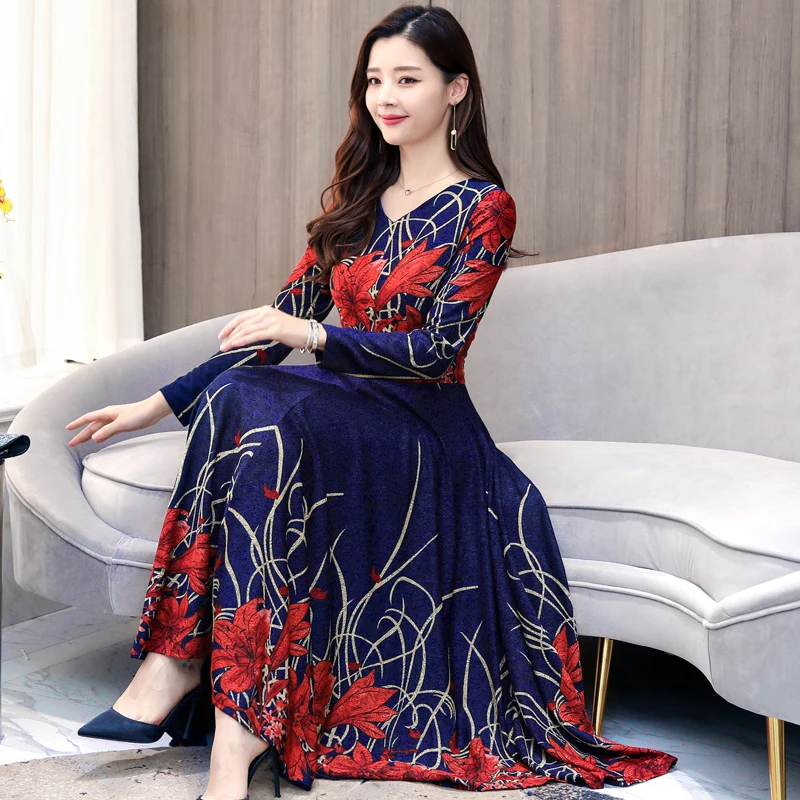 

LUKAXSIKAX 2019 New Autumn Winter Women Dress High Quality Gorgeous Flowers Print Thicken Warm Velvet Lining Women Long Dress