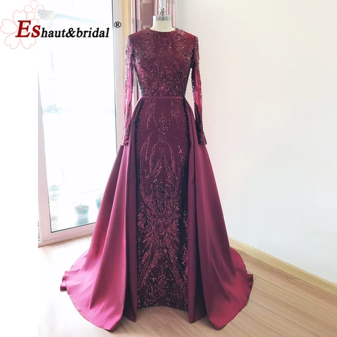 Elegant Wedding Evening Night Dress for Women 2023 Muslim Long Sleeves Mermaid with Detachable Train Sequined Prom Party Gowns