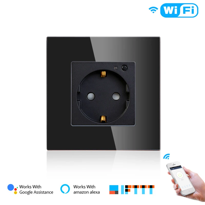 WiFi умная настенная розетка стеклянная панель Smart Life/приложение Tuya дистанционное управление, работает с Amazon Echo Alexa Google Home EU FR UK - Цвет: DE Black