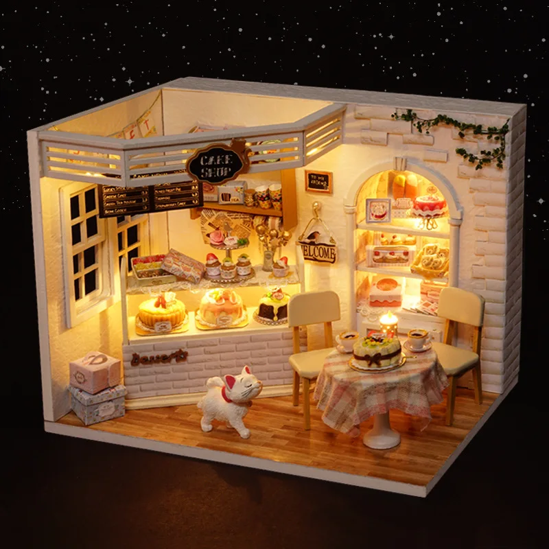 

DIY Wooden Doll House Kits Miniature Cake Shop Building with Furniture Light Dollhouse Roombox Assembled Toys for Adults Gifts