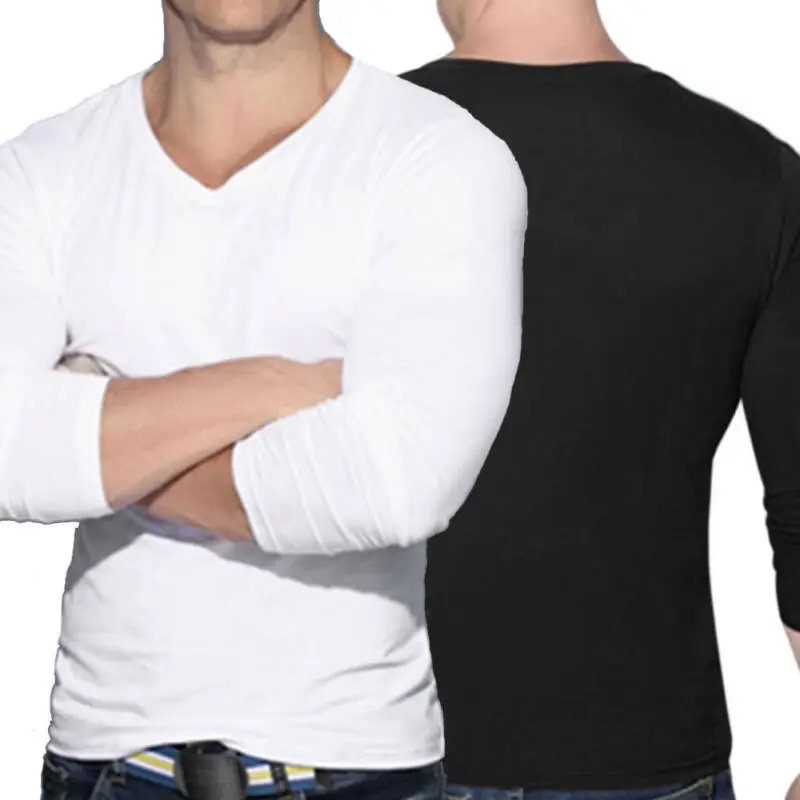 Демисезонная Мужская Повседневная футболка с v-образным вырезом и длинным