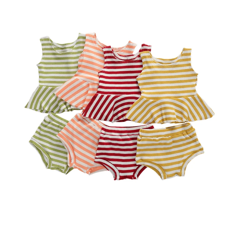 

Baby Girls 2-Piece Outfit Set Sleeveless Striped Ruffle Loose Round Neck Top Shirt Triangle Shaped High Waist Short Pants Set