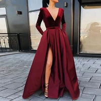 burgundy muslim evening dresses 2022 v neck velour satin formal dress with pockets high slit elegant long sleeve evening gowns