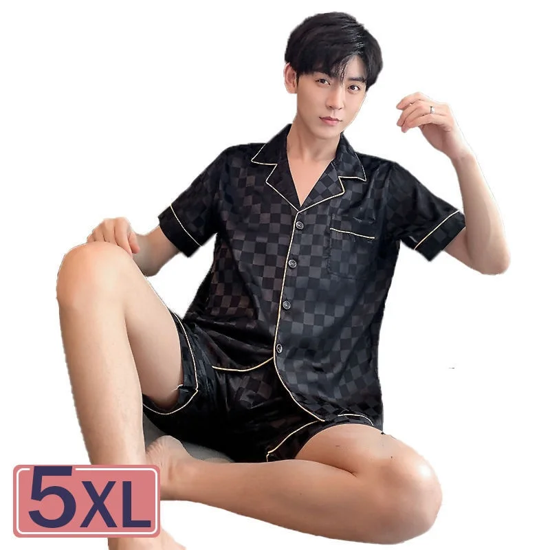 couple snight pijamas M-5XL Summer Short Plaid Silk Pajama for Men 2pc Plus Size Short Set 3xl Pijama Hombre Loungewear Homewear