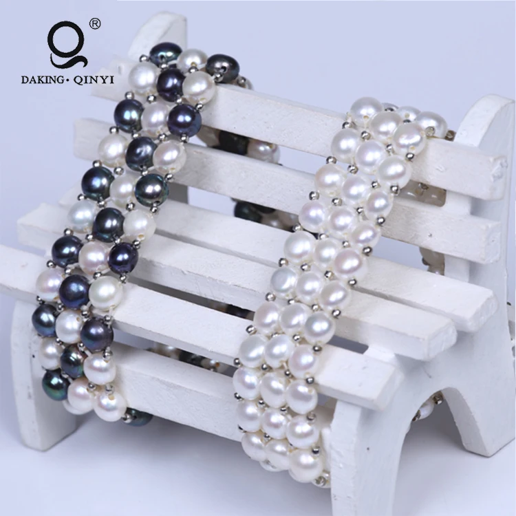 

Women New Design Jewelry Button Freshwater Pearl Beaded 3 Rows Bracelets Bangles