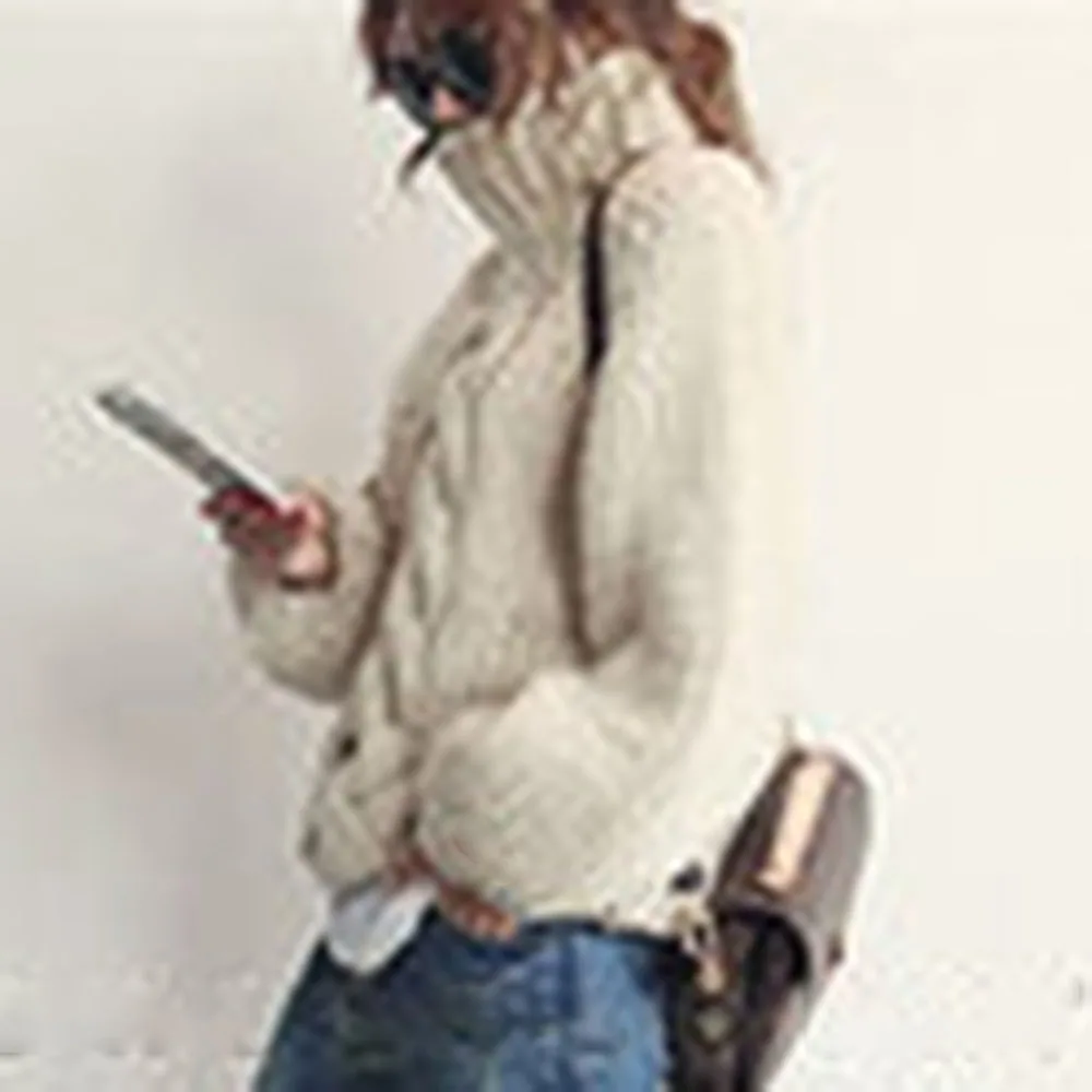 Женский Теплый свитер-водолазка толстый трикотажный пуловер в рубчик зима-осень