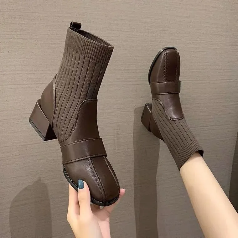 

Women's Thick Heel 2021 Autumn and Winter Short Boots Women's Mid-heel Net Red Socks Boots Fashion Short Tube Women's Shoes