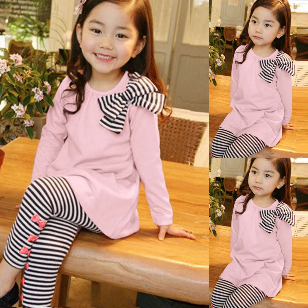 

Футболка с бантом для маленьких девочек, брюки в полоску, зимняя повседневная одежда, комплект из 2 предметов для девочек с длинным рукавом, ...