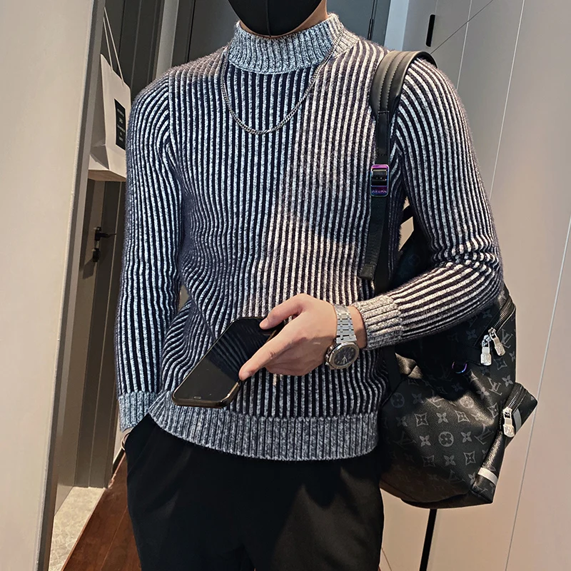 

2021 Autumn Winter Casual Men's Sweater Striped Mock Neck Knitted Pullovers Slim Fit Long Sleeve Warm Knit Sweater Men Clothing