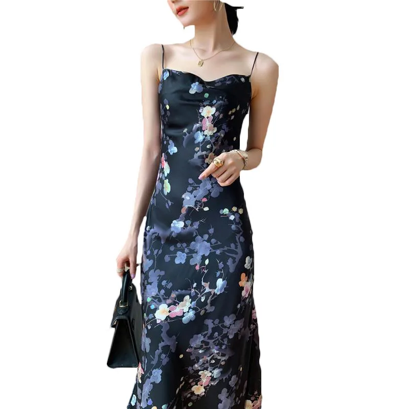 

2021 Fashion Floral Chiffon Sling Dress Female Summer Waist Mid-length A-line Dress For Women Sexy Party Dresses f611