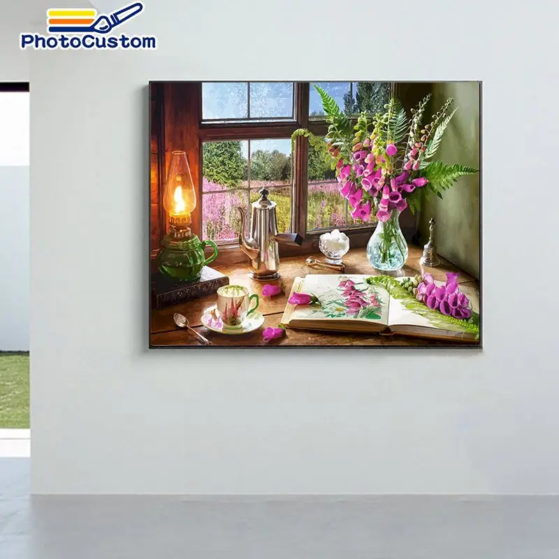 

PhotoCustom DIY Paint By Number Purple Flowers Kits Home Decor Pictures By Numbers On Canvas Birthday present Wall decor