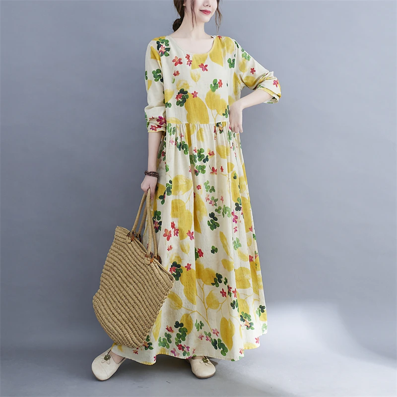 

Long Sleeve Vintage Floral Print Yellow Cotton Spring Autumn Dresses For Women 2021 Casual Elegant Loose Ladies Dress