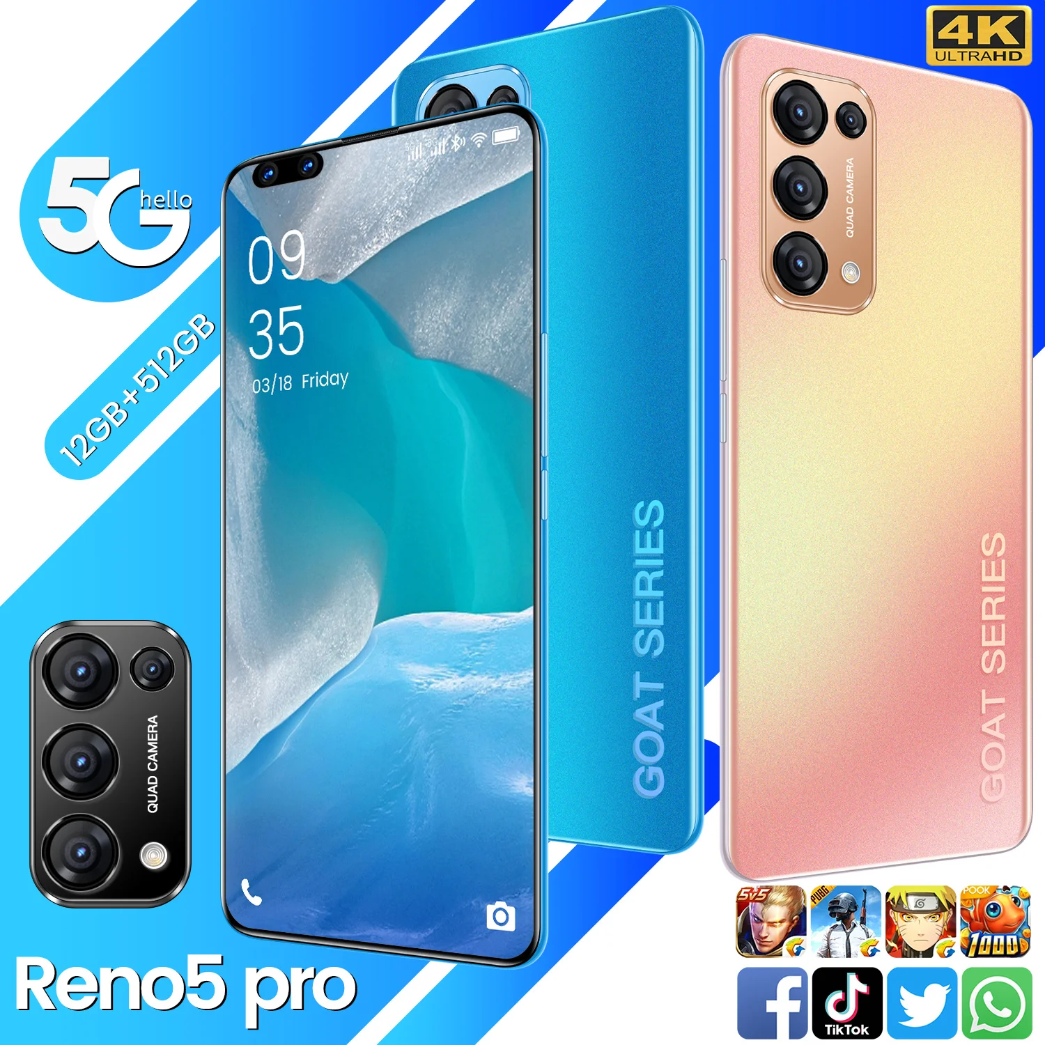 

Global Version Reno5Pro 12+512GB 7.3 Inch Smartphone 5000mAh Support Face Unlock Dual SIM 4G LTE 5G Network Android Cellphone