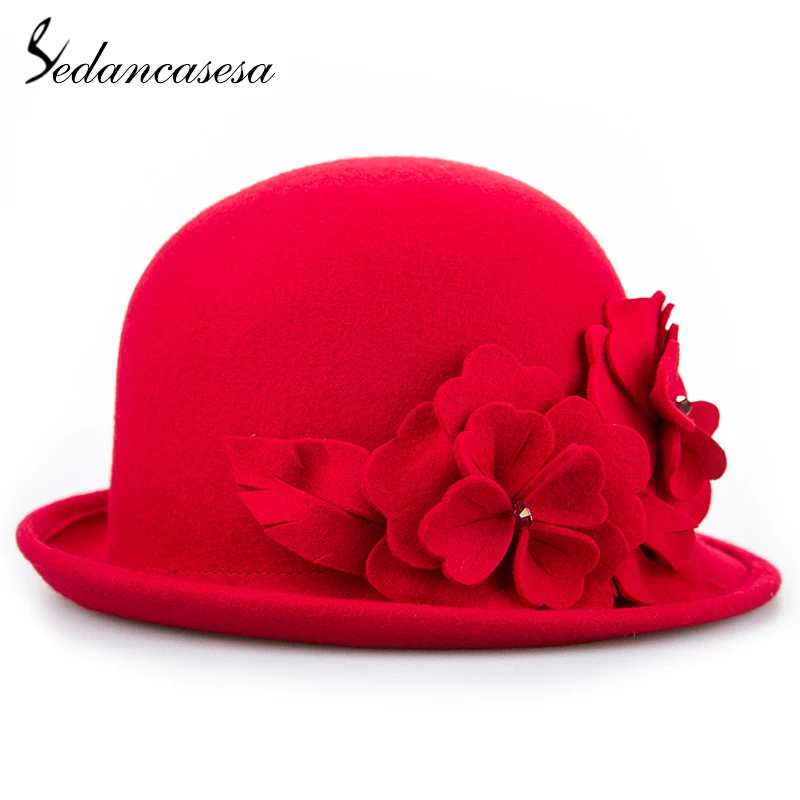 Sedancasesa Wool From Australian Felt Hat for Girls Child Bucket Hats With Flower Decoration Fedoras for Children 52cm