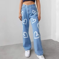 printed jeans women 2021 new fashion womens solid color love graffiti denim trousers high waist casual loose wide leg jeans