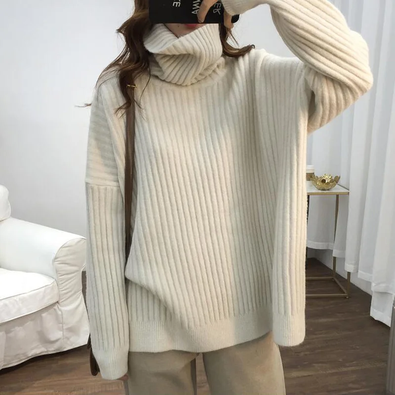 

2022 Thick Warm Winter Sweater Female Long Sleeve Knitted Loose Turtleneck Jumper Women Sweater and Pullover Robe Femme