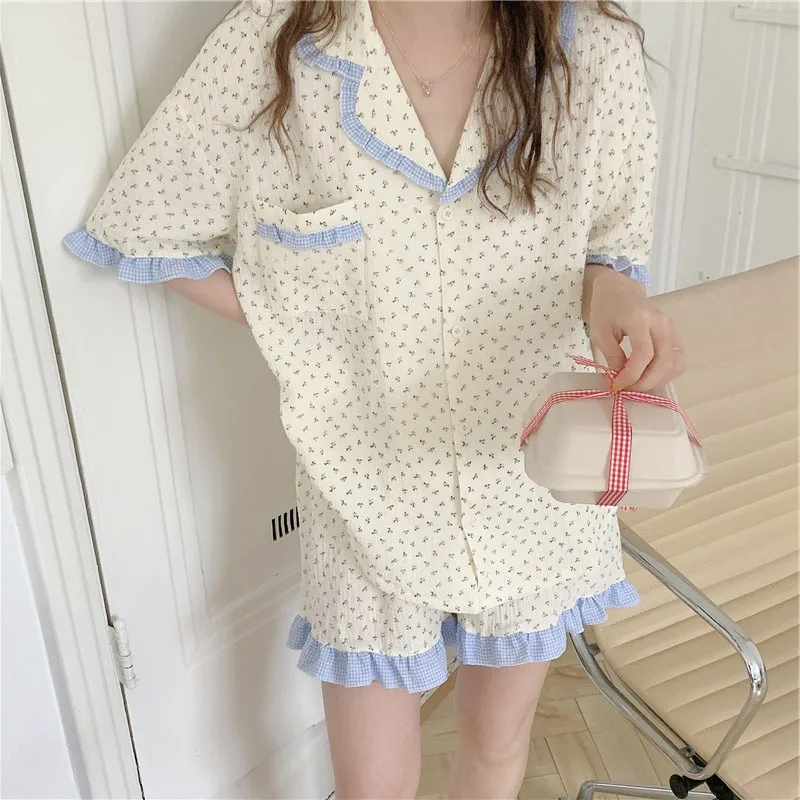 Pajamas Women's Summer New Product Sweet Ear Edge Small Flower 2Pcs Set Korean Cardigan Home Clothes Female Sleepwear Nightwear