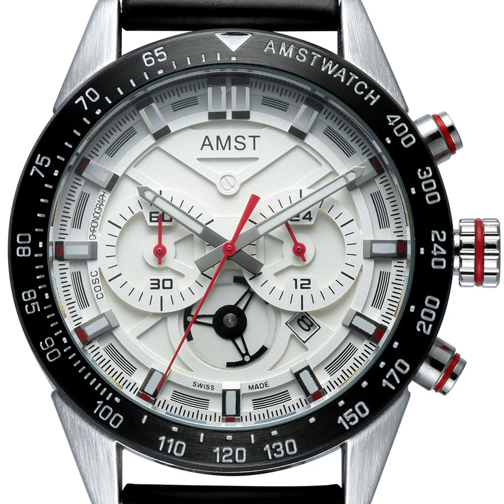 AMST Новые повседневные модные кожаные кварцевые часы с хронографом белые мужские