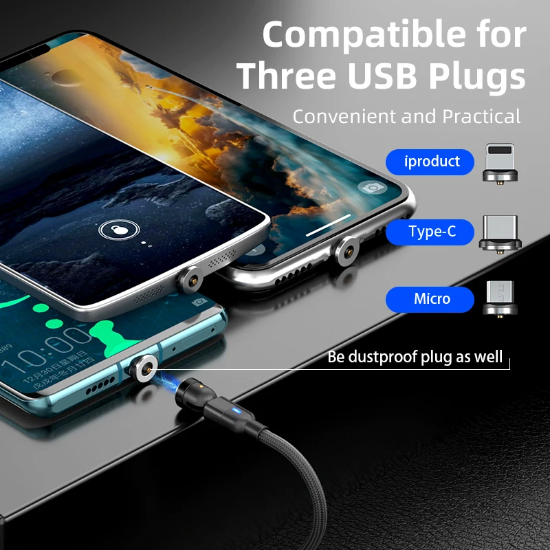 Магнитный нейлоновый кабель с поворотом на 540 градусов Micro USB для IPhone Xiaomi типа C