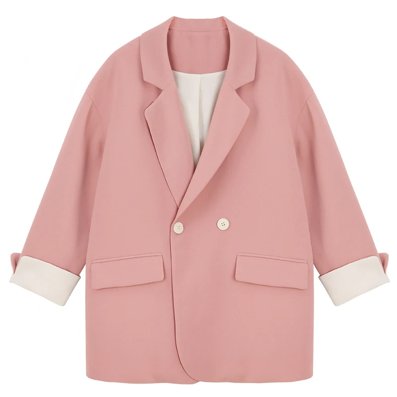 

PERHAPS U Pink Notch Collar Blazer Long Sleeve Double-breasted Pocket Loose Casual Coat C0407