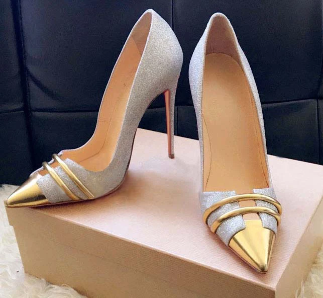 Сексуальные женские туфли с блестками металлические на шпильках острым носком