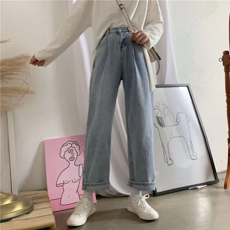 

Elegant style spring and autumn Korean High Waist Wide Leg Jeans Women's slim loose straight pants versatile student's quarter