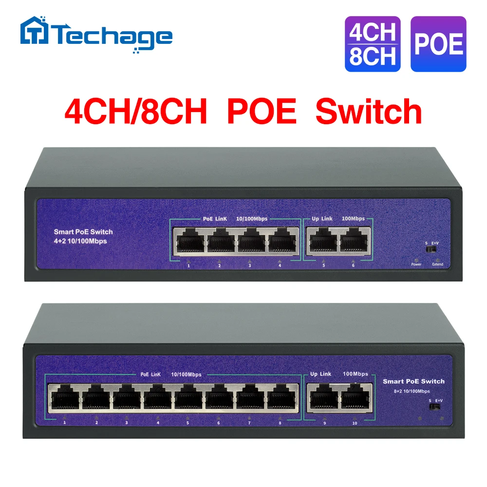 Сетевой POE коммутатор Techage 4 канала 8 каналов 52 в 10/100 Мбит/с IEEE 802 3 af/at для IP камер