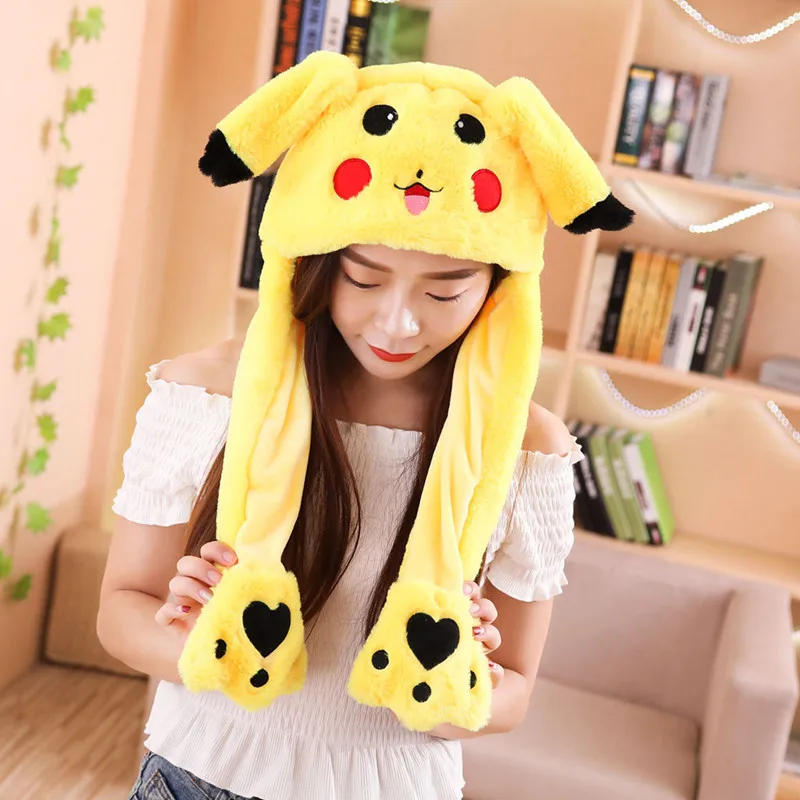 Pikachu yellow Шапки для прыжков с ушками животных для девочек; Детские и женские теплые плюшевые зимние шапки с кроликом; забавные детские шапки с милым кроликом и пушистой подушкой безопасности - Цвет: Pikachu yellow