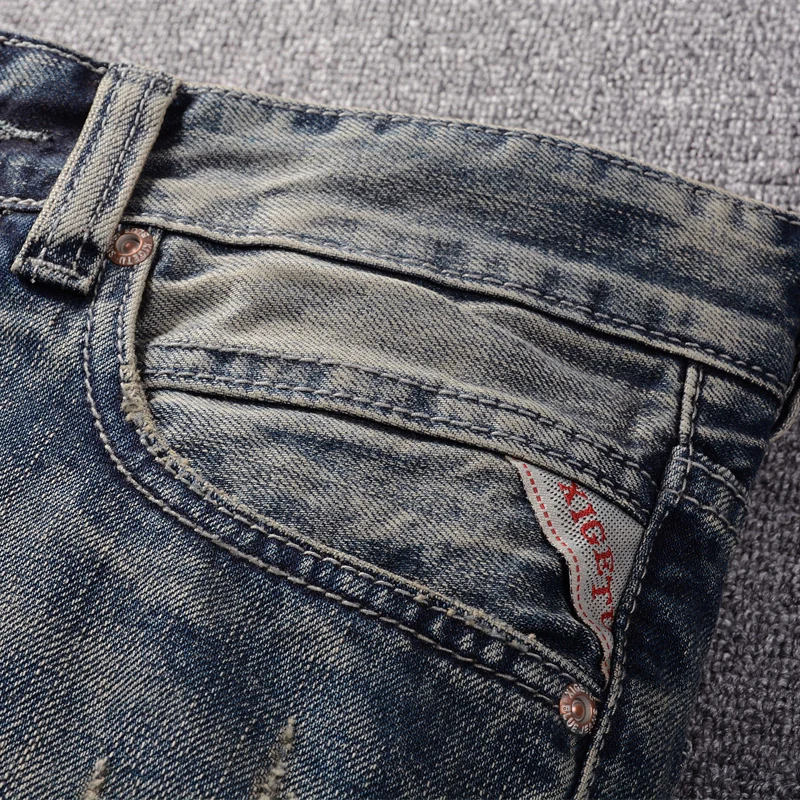 American Street Fashion Men Jeans Retro Yellow Blue Slim Destroyed Ripped Jeans Men Embroidery Patch Designer Denim Punk Pants