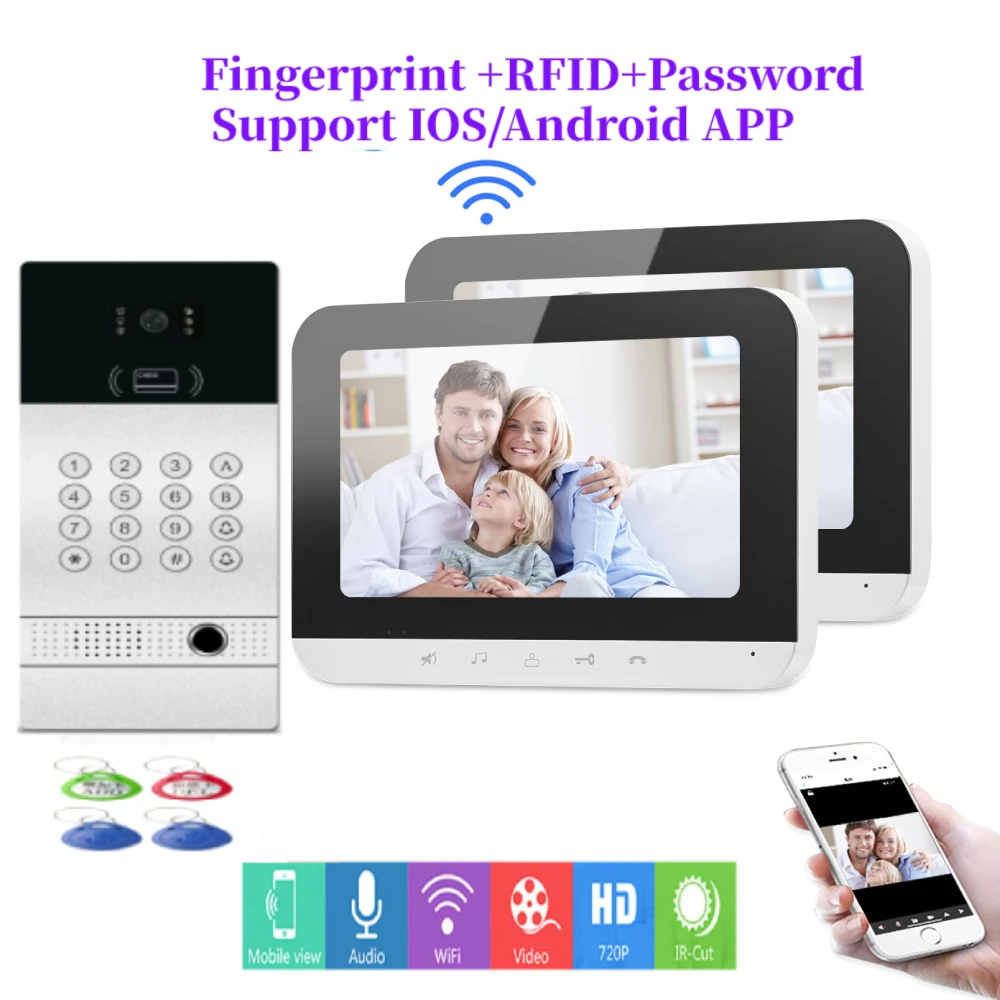 

7 дюймов проводной Беспроводной Wi-Fi отпечатков пальцев видео-телефон двери дверной звонок Домофон Системы с металлическим водонепроницаем...