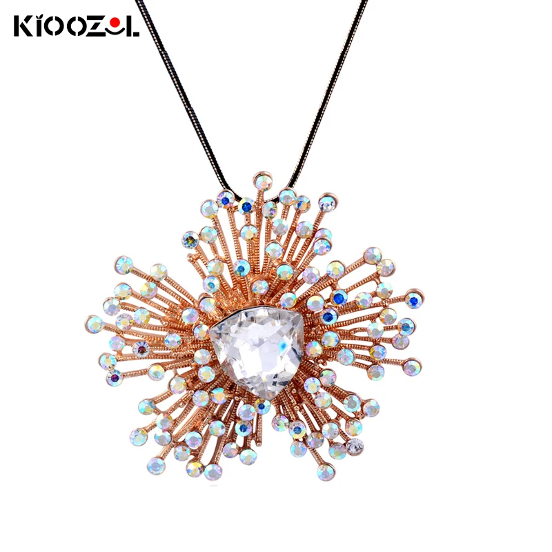 

KIOOZOL Luxury Fashion Rose Gold Color Rhinestone Flower Pendant Long Necklace For Women Statement Jewelry 467 DP1