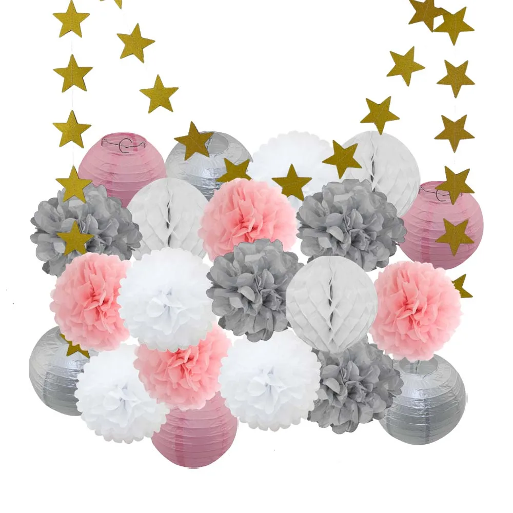Silver Pink Set Лидер продаж 22 шт./компл. золото/черный/белая Круглая Бумажная Фонари Выпускной 50th День рождения одолжение рождественское год висит Изделия из бумаги - Color: Silver Pink Set
