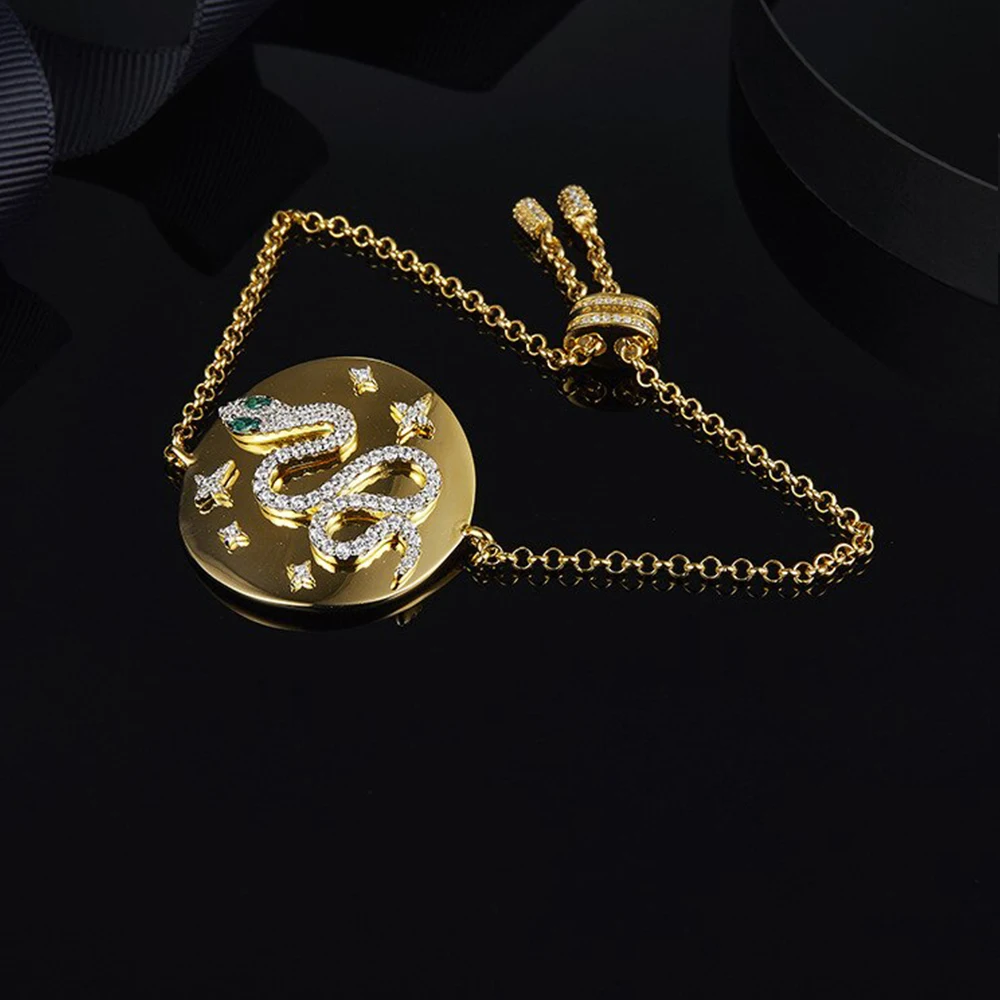 

's New Design Simple Large Coin Charm Snake Bracelet Cz Green Eye Gold Bracelet For Precious Jewelry For Egyptian Women