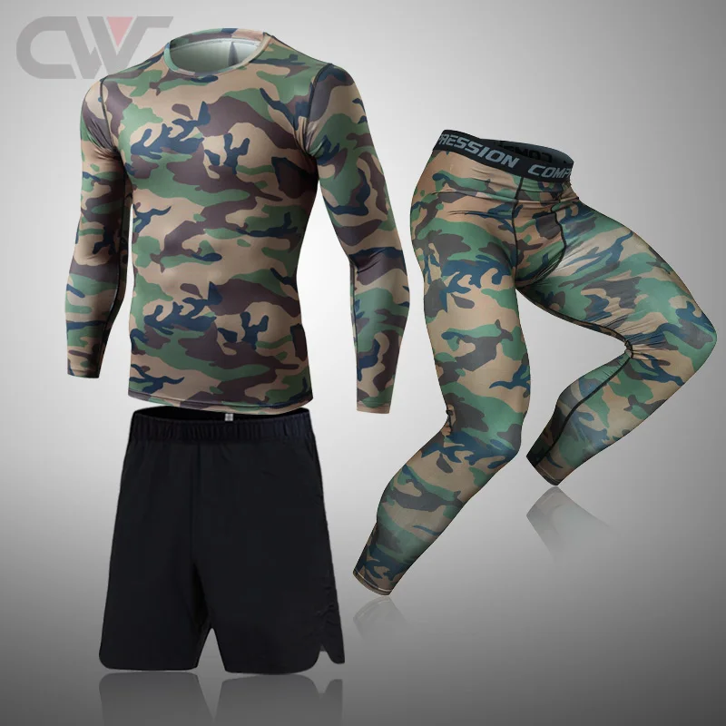 3 piece Set Camouflage Men Compression MMA Running T-Shirt Men's Tight Pants Fitness Bodybuilding Clothes Sport Suit | Спорт и