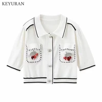 2021 korean style new lapel cherry sweater beaded springsummer women short sleeved thin knitted t shirt top pink white
